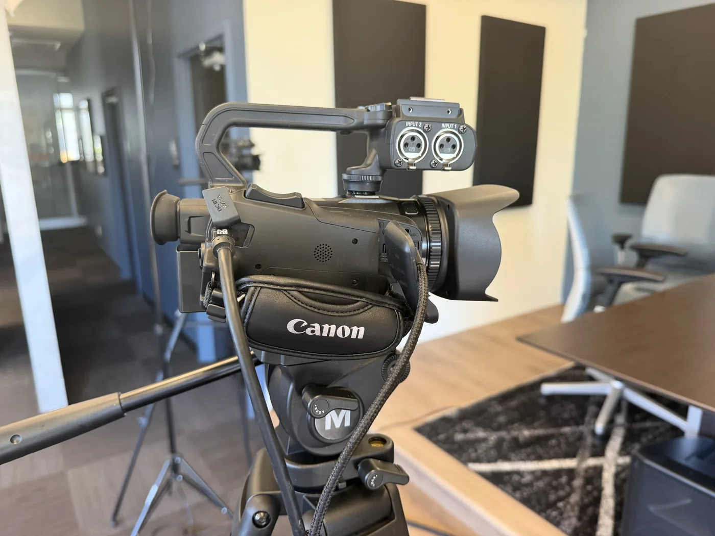 Camera rig facing the New Reward podcast recording table.